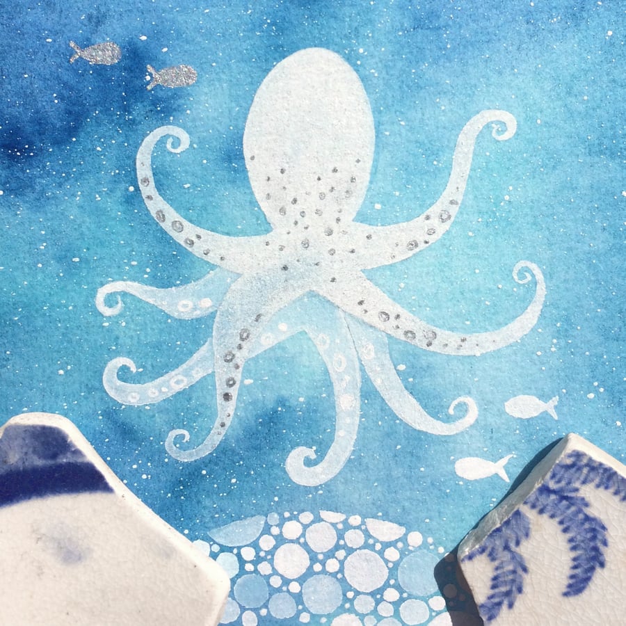 Octopus - Underwater Sea Painting - Original Framed Watercolour & Beach Pottery