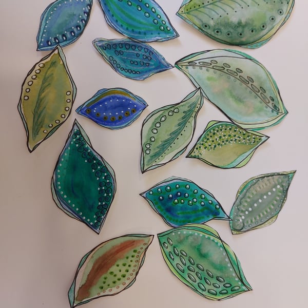 14 Hand Drawn and Painted Leaves Ideal Ephemera Cards or Junk Journals