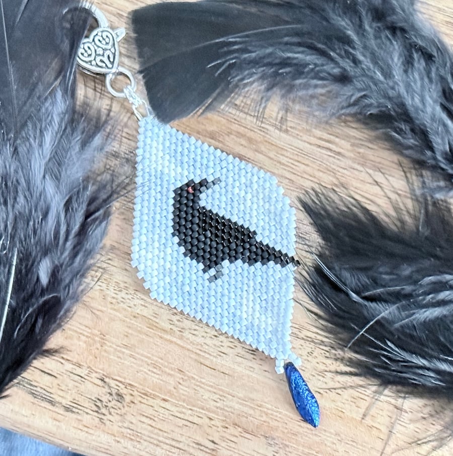 Beadwork crow bag charm 