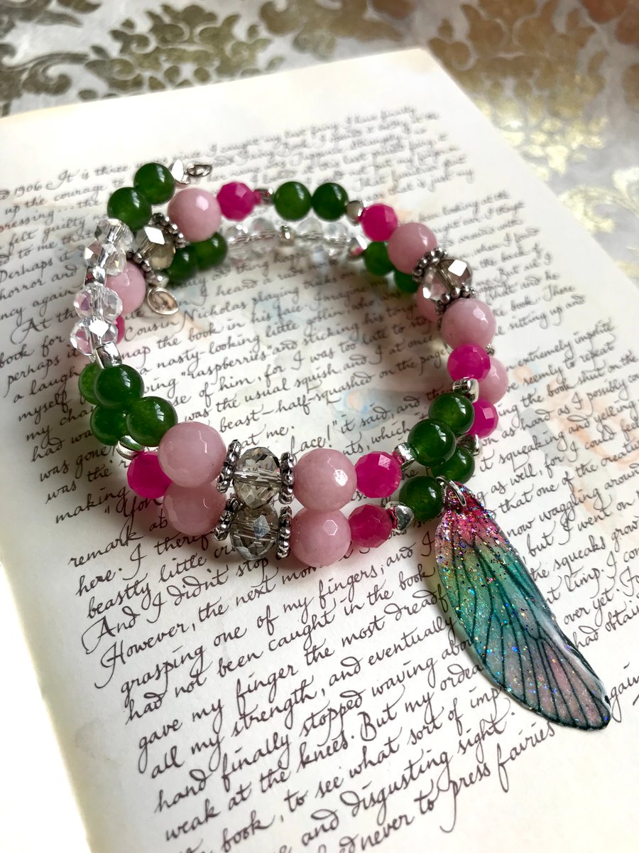 Pink and Green Fairy Wing Bracelet