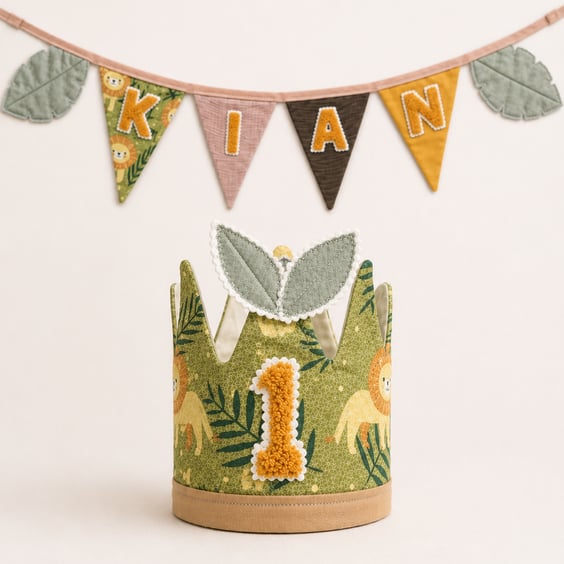 Personalised First Birthday Crown & Name Bunting Set - Safari Jungle Theme