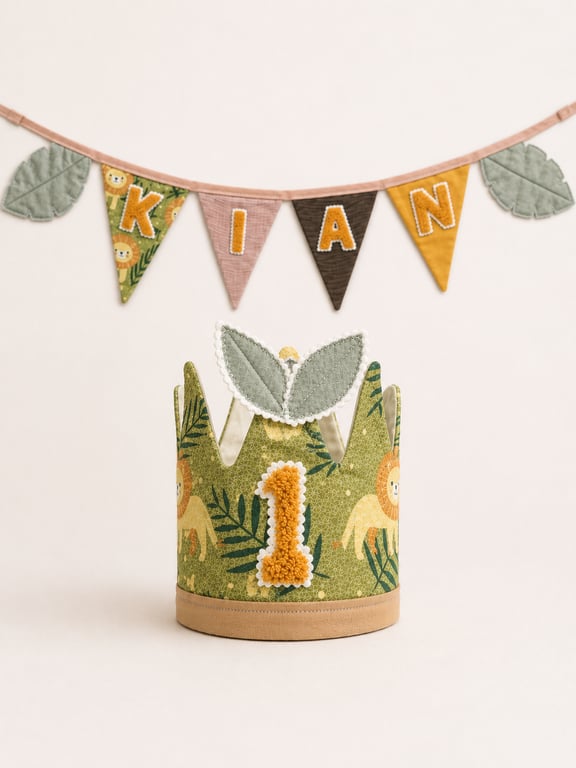 Personalised First Birthday Crown & Name Bunting Set - Safari Jungle Theme