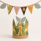 Personalised First Birthday Crown & Name Bunting Set - Safari Jungle Theme