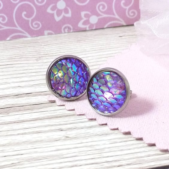 Purple iridescent mermaid earrings, bright purple studs with stainless steel