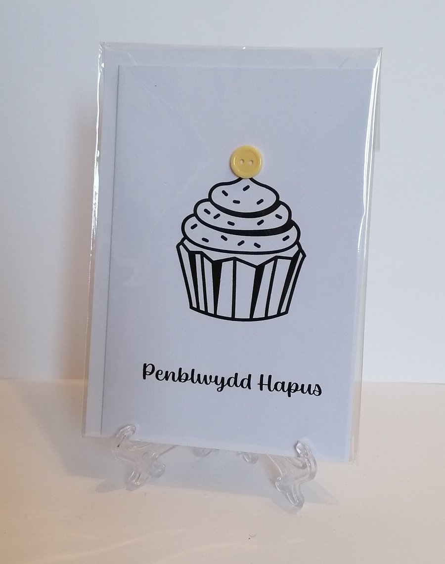 Penblwydd Hapus (Happy birthday)  button greetings card Welsh