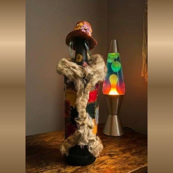 Boho Hippy Chic Bottle Decoration Folk Art Patchwork & Fur Trim 35cm Height