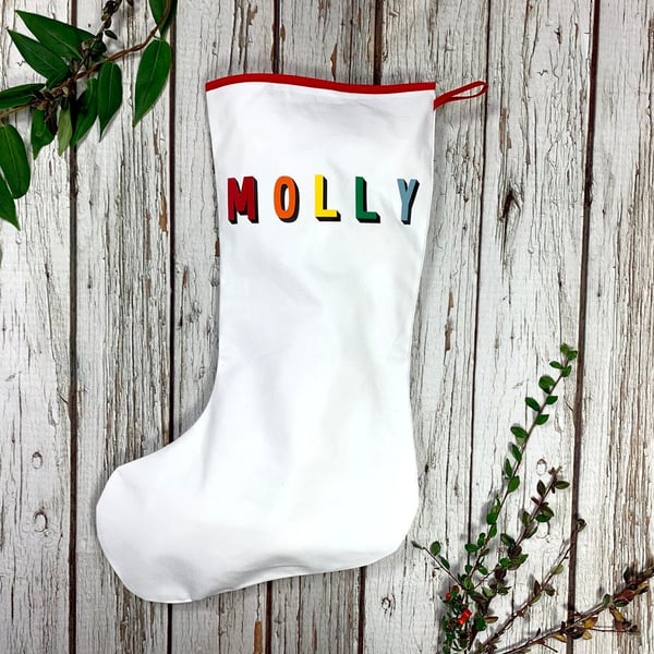 Large Christmas Stocking- Whole name in 'Bingley Bang' rainbow type. White, red,