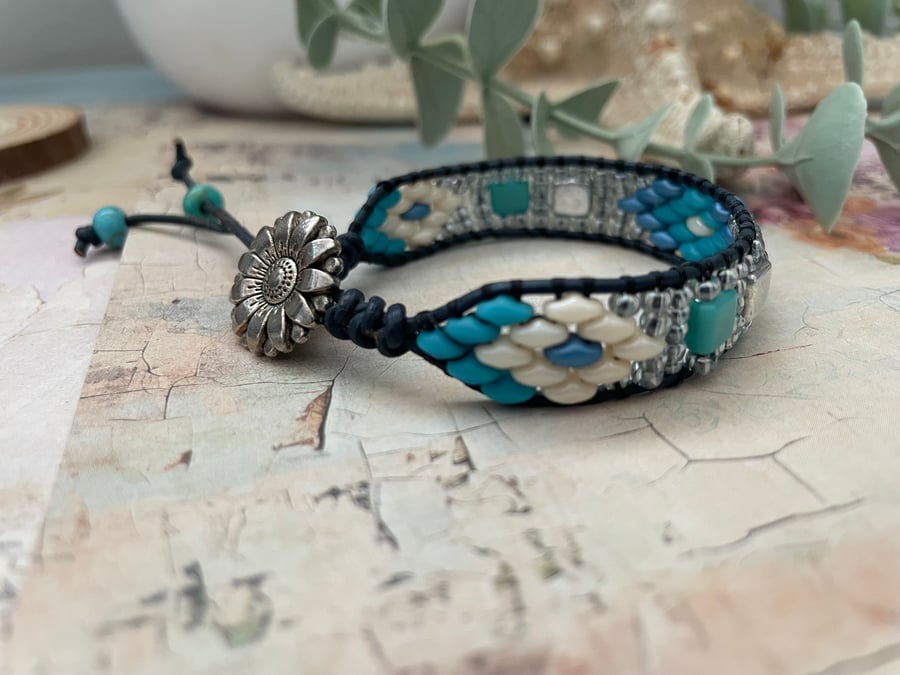 Leather beaded Boho wrap adjustable button bracelet, hippie stack bracelet, yoga