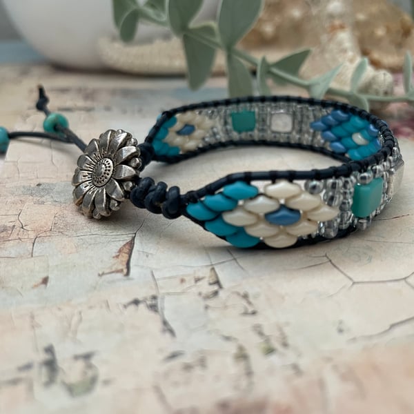 Leather beaded Boho wrap adjustable button bracelet, hippie stack bracelet, yoga