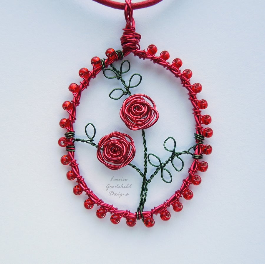 Red Valentine Rose handmade wire pendant necklace, unique wearable wire art