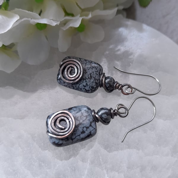 Copper Wire Wrapped Snowflake Obsidian Drop Earrings