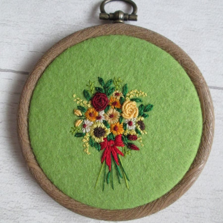 SOLD - Miniature Hand Embroidered Autumnal Bouquet Hoop Art, Bouquet of Flowers