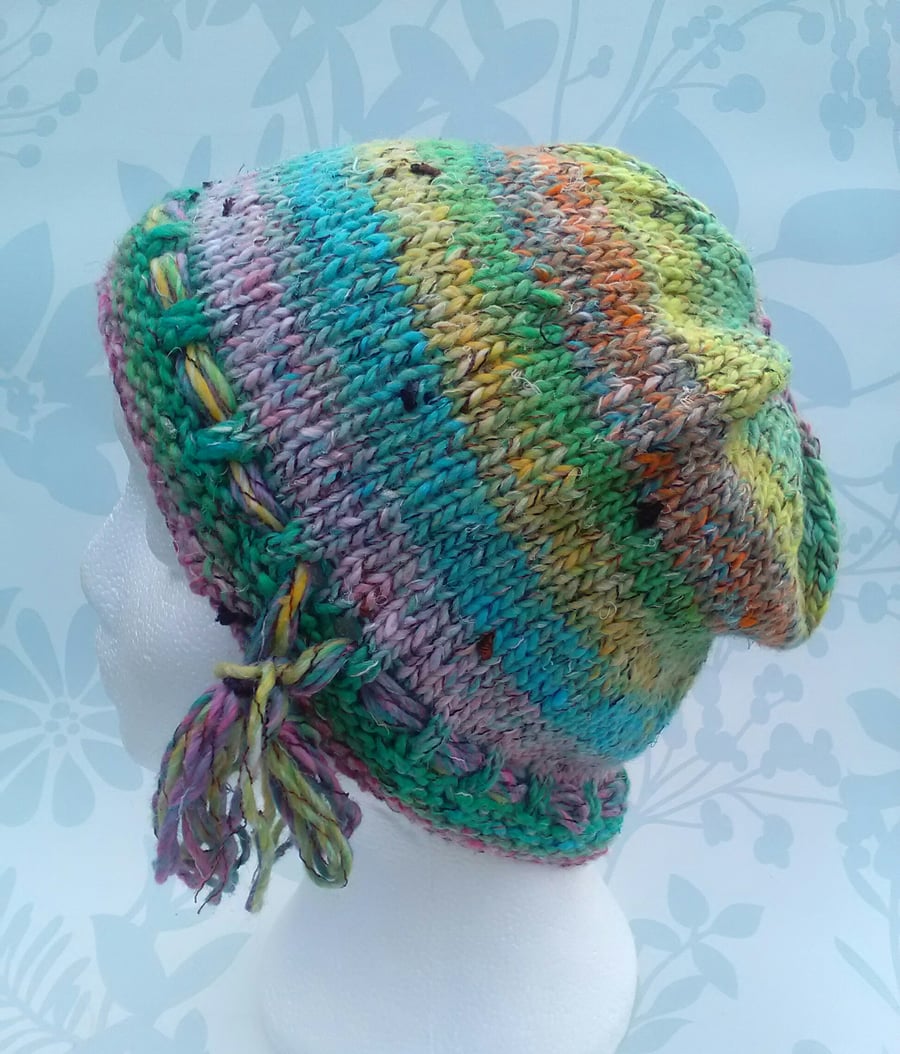 Handknit Noro cotton silk & wool hat M Pastel Rainbow
