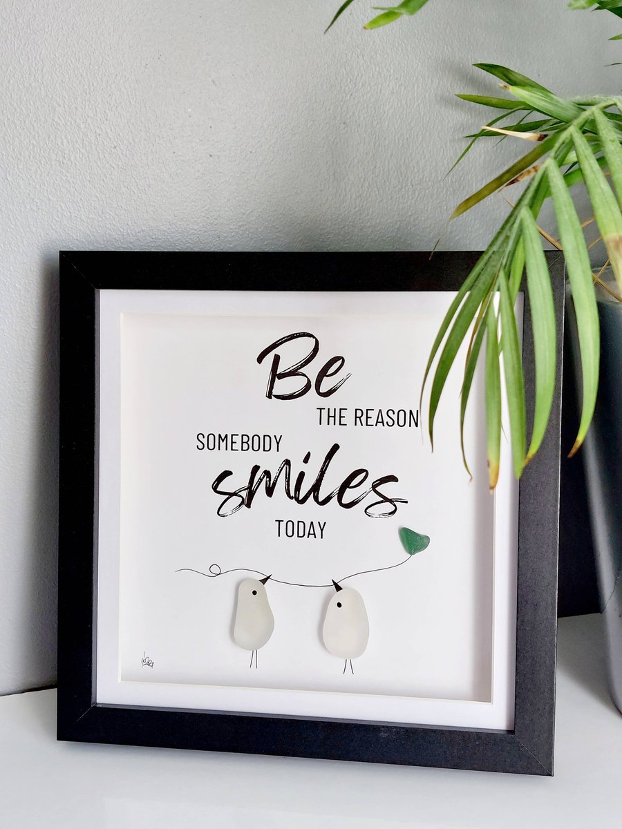 Quirky Birds Sea Glass Wall Art - Handmade Pebble Design - Framed Wall Art