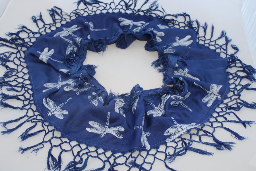 Electric blue scarf,tasseled infinity dragonfly hand print scarf,zero waste gift