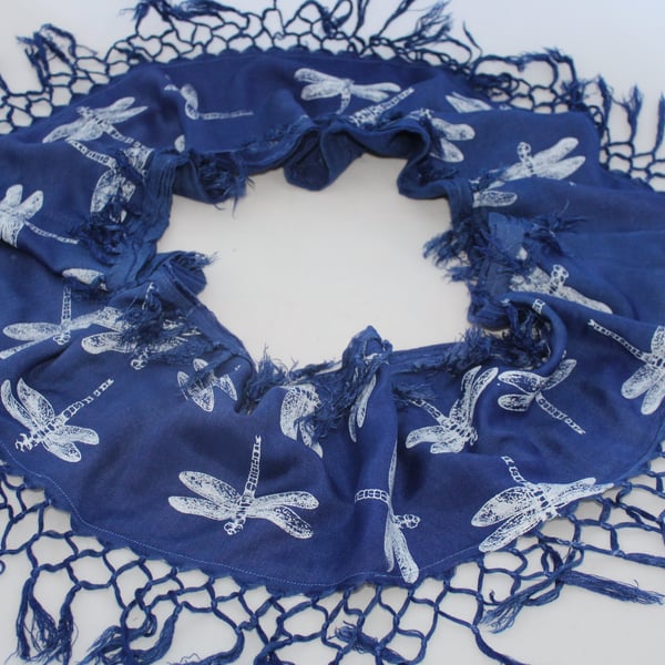 Electric blue scarf,tasseled infinity dragonfly hand print scarf,zero waste gift