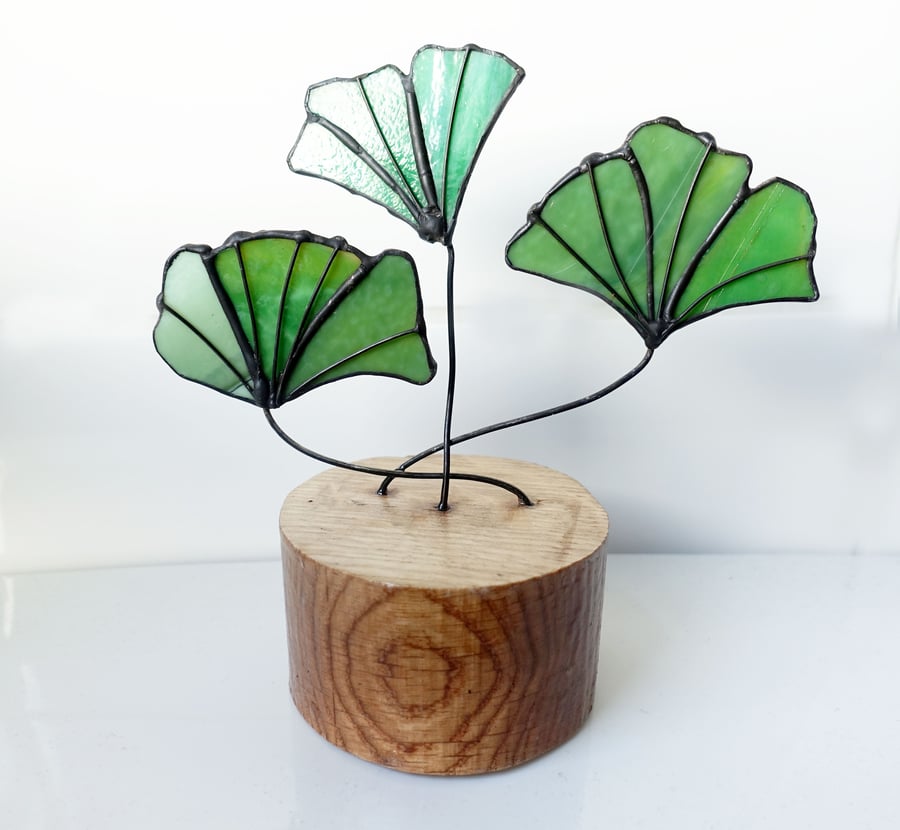 Gingko Leaves in Stained Glass on solid Ash wood base.  Christmas Gift. Heirloom