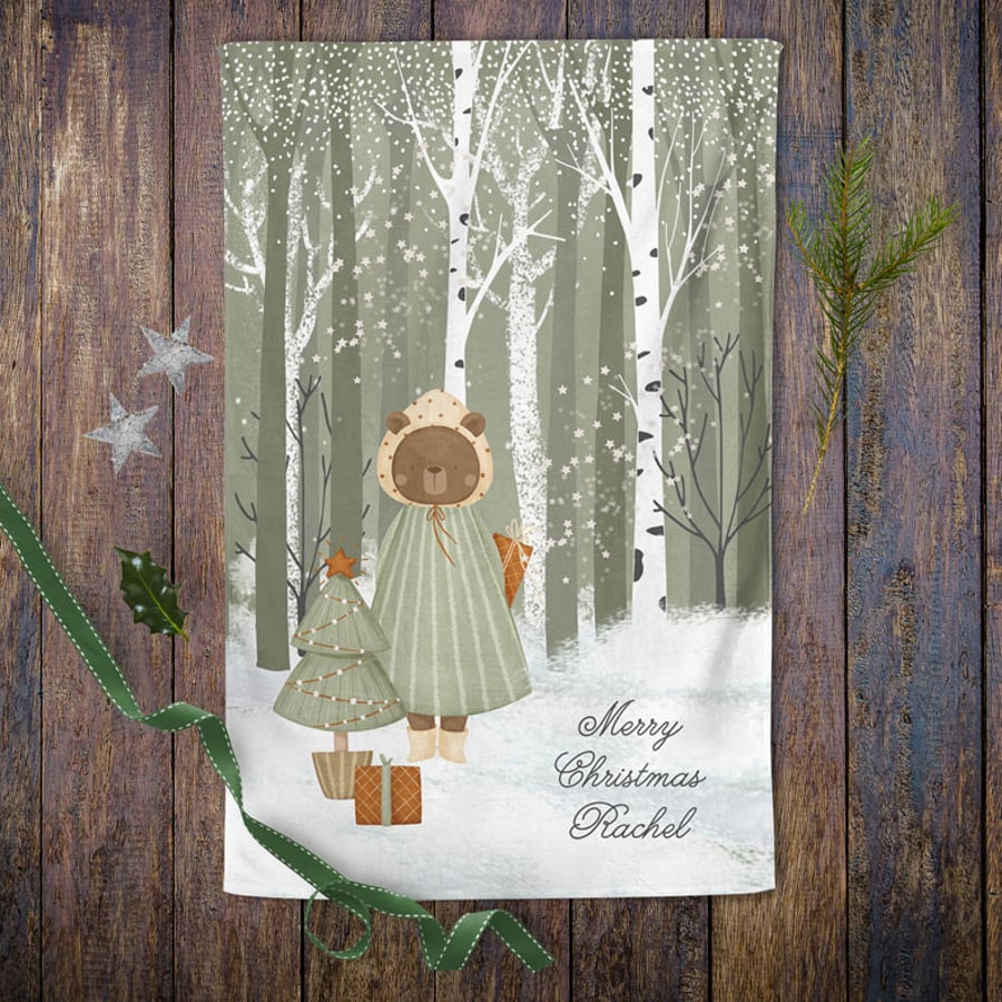 Winter Forest Personalised Christmas Tea Towel - 100% cotton Kitchen Gift