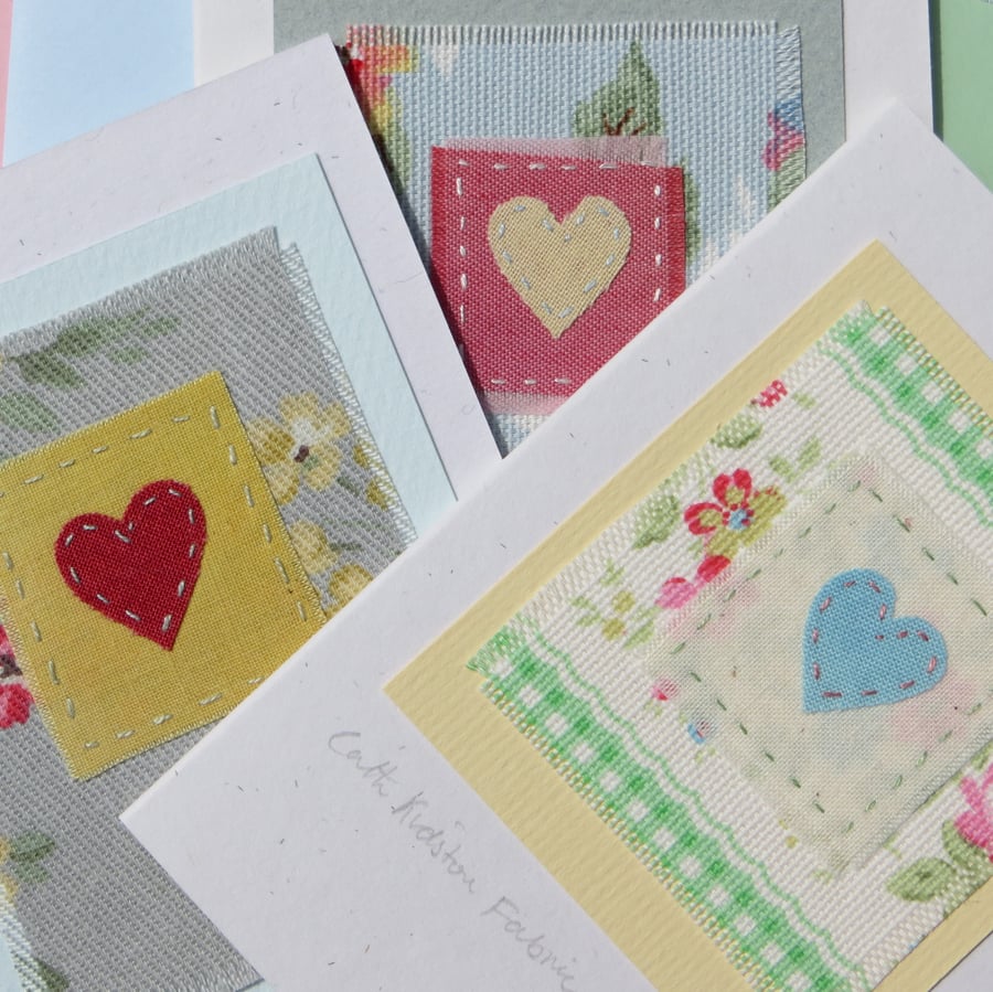 Pack of three Cath Kidston fabric hand stitched little heart cards at SALE PRICE