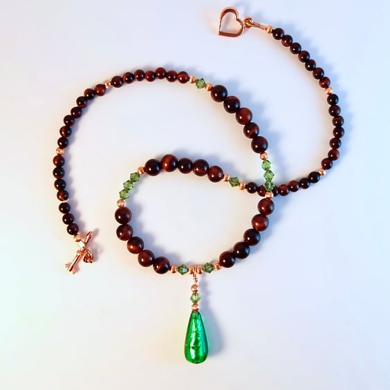 Emerald Murano Glass Drop Pendant, Red Tiger's Eye & Swarovski Crystal Necklace