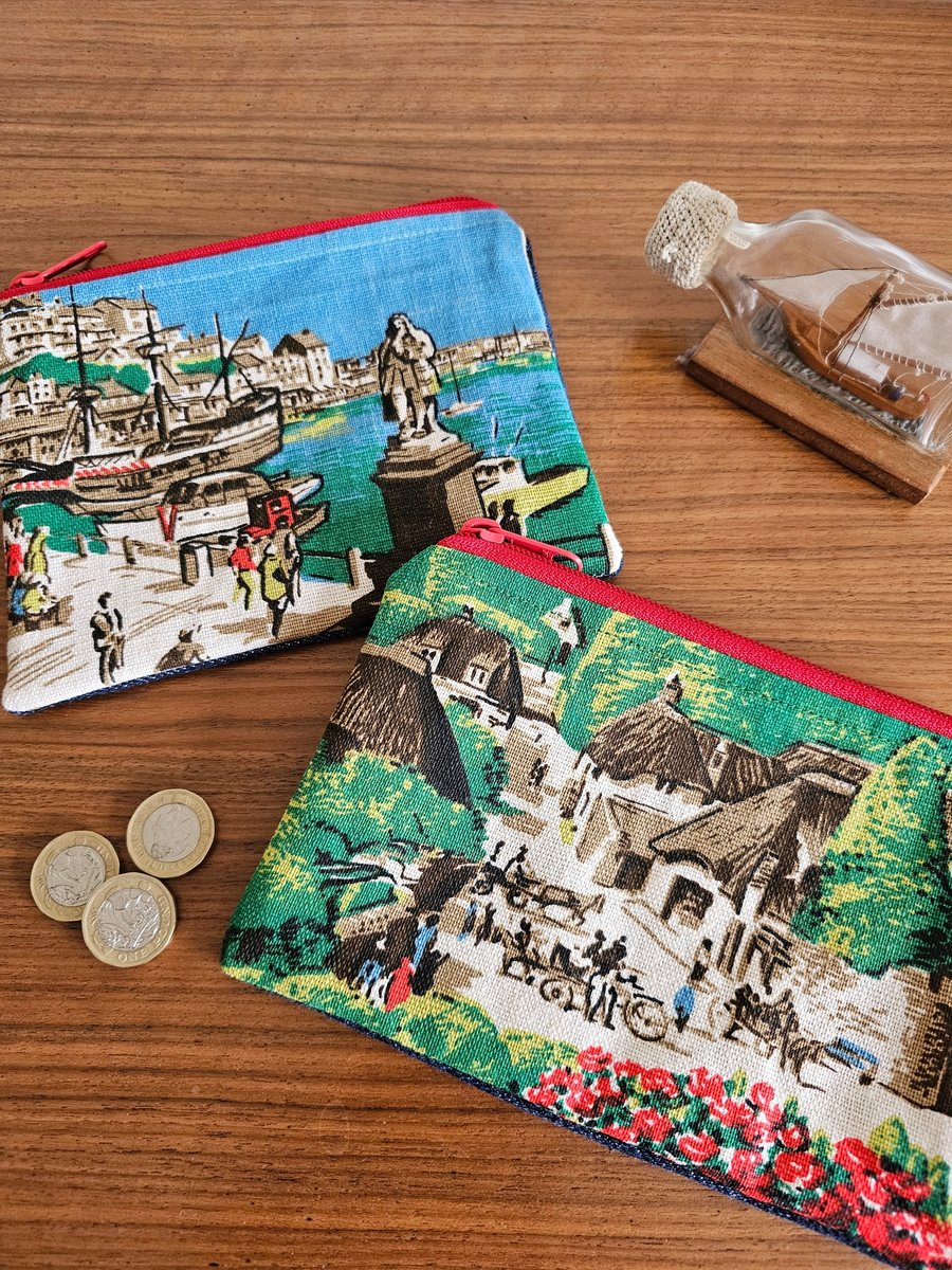 Seaside zip pouch Cockington, Devon Vintage Souvenir Teatowel  