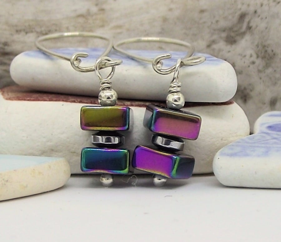SALE Rainbow haematite square earrings