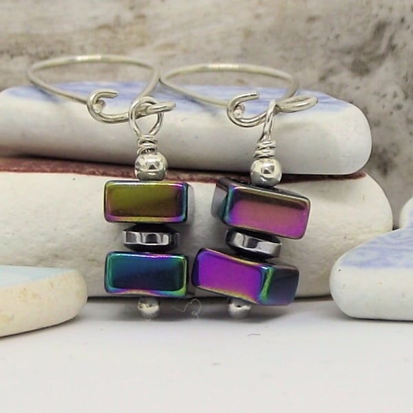 SALE Rainbow haematite square earrings