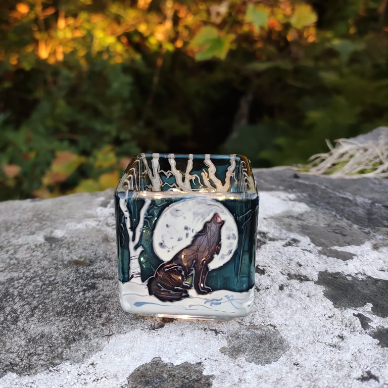 Hand painted glass candle holder, grey wolf under the moon