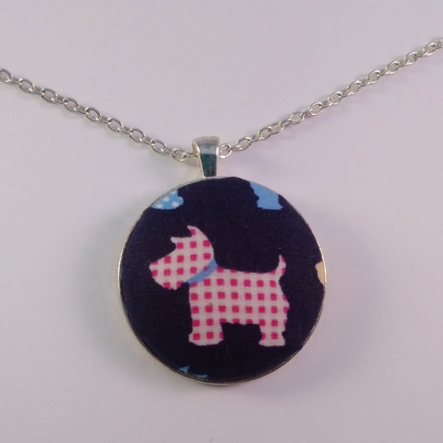 38mm Pink and White Patterned Dog Fabric Covered Button Pendant