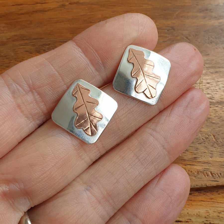 Oak leaf earrings, Silver and copper studs, Diamond shape