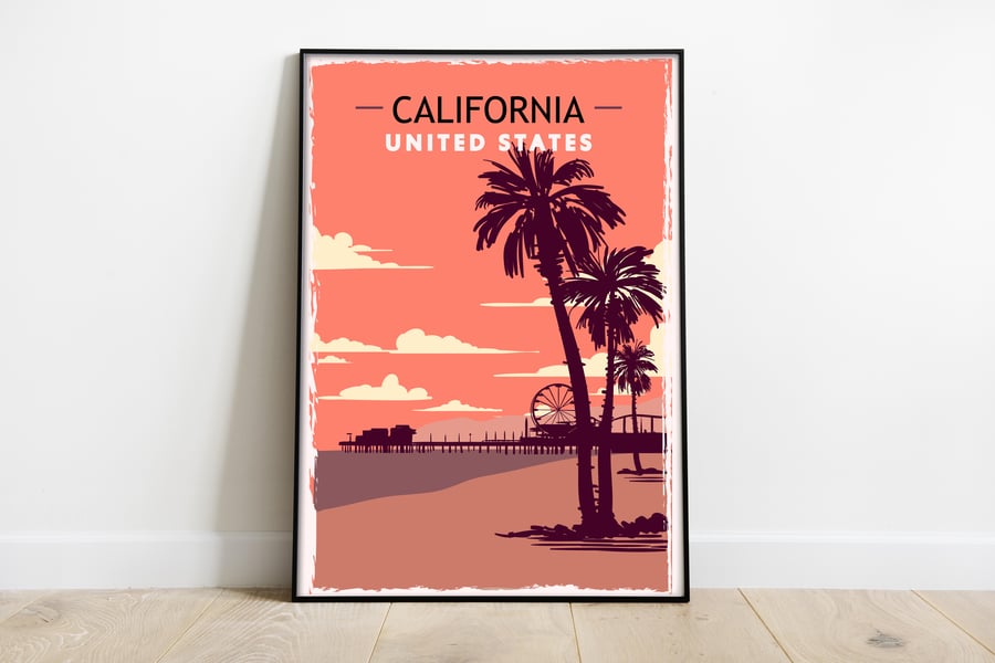 California retro travel poster, California beach travel print, USA travel art