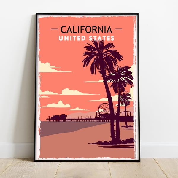 California retro travel poster, California beach travel print, USA travel art