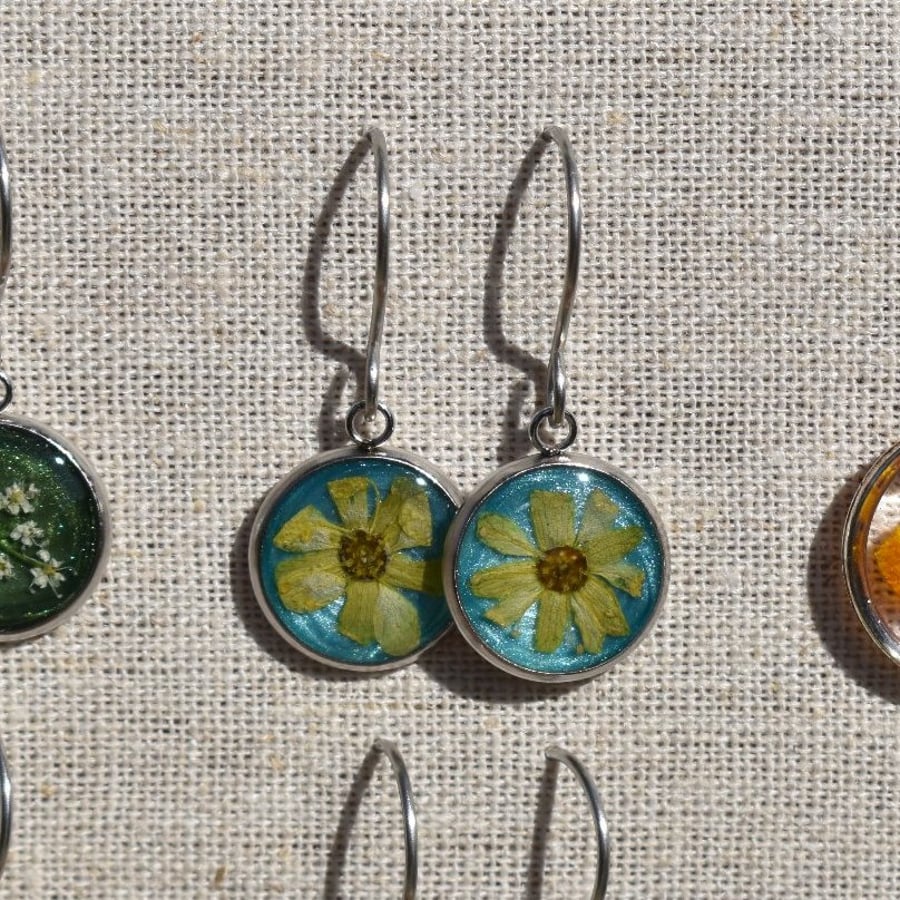 Sycamore Flower Resin Earrings, Blue, 304 Stainless Steel, Made in Scotland