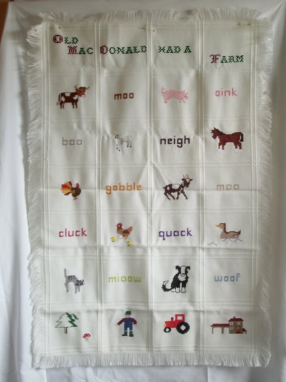 Shawl, blanket, wall-hanging, 'Old MacDonald had a farm', hand embroidered