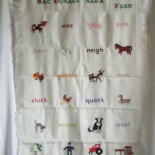 Shawl, blanket, wall-hanging, 'Old MacDonald had a farm', hand embroidered