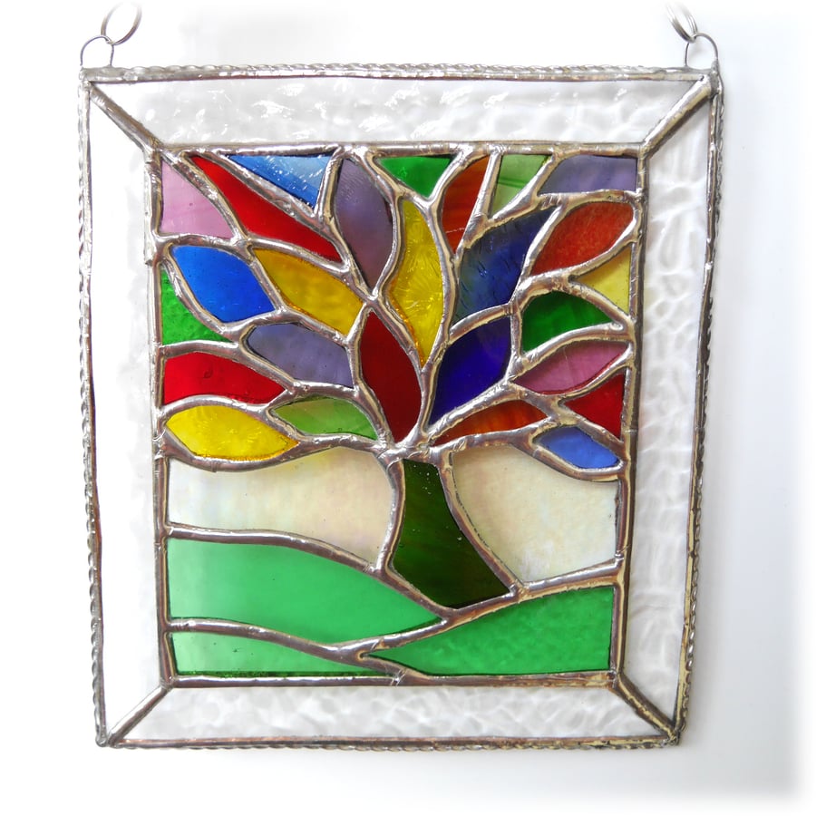 SOLD Rainbow Tree of Life Suncatcher Leaf Stained Glass Picture 005