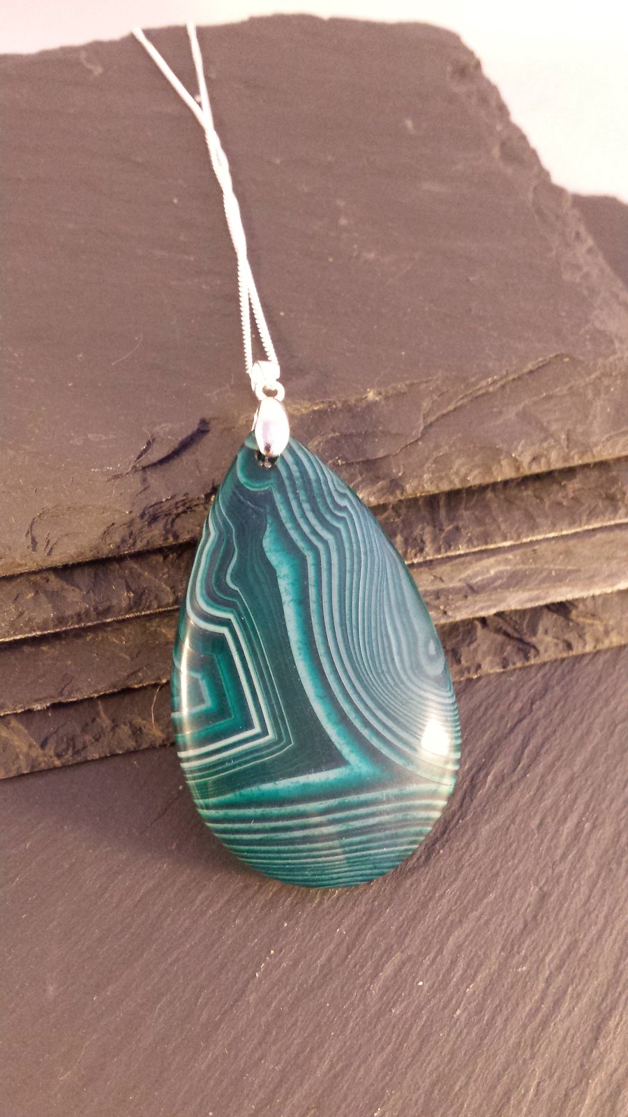 Striped Green Agate Pendant on a Sterling Silver Chain