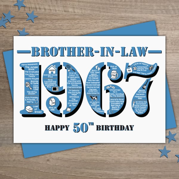 Happy 50th Birthday Brother-in-Law Greetings Card Year of Birth Born 1967 Facts
