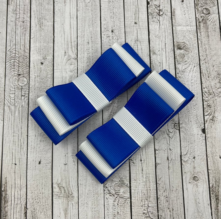 Royal Blue and White 3 inch Straight Bows on Clips (pair)