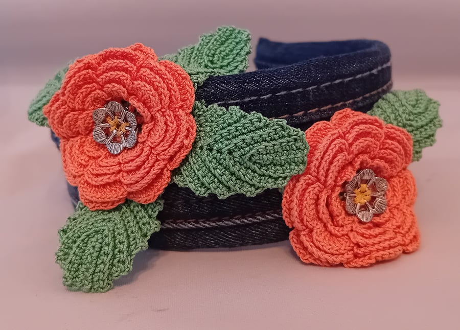 Denim Hairband or Headband with Vintage Crocheted Flowers 