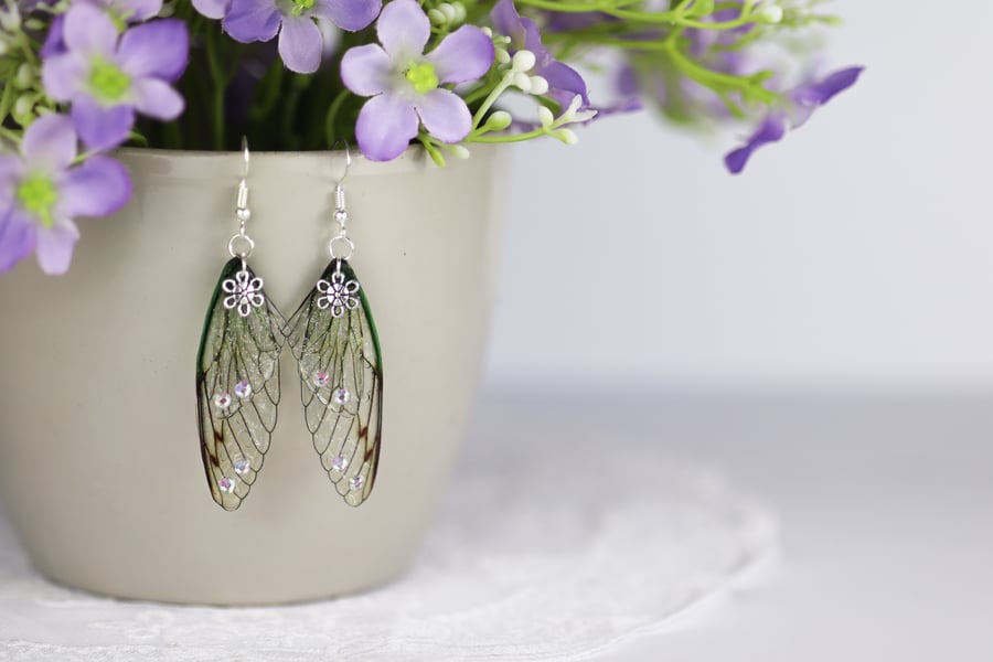 Fairy Wing Earrings - Butterfly Cicada - Willow Green - Fairycore - Gift - Boho