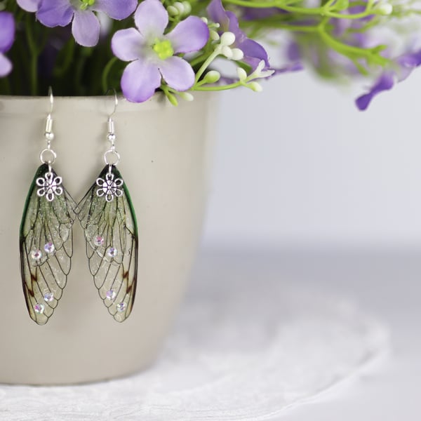 Fairy Wing Earrings - Butterfly Cicada - Willow Green - Fairycore - Gift - Boho