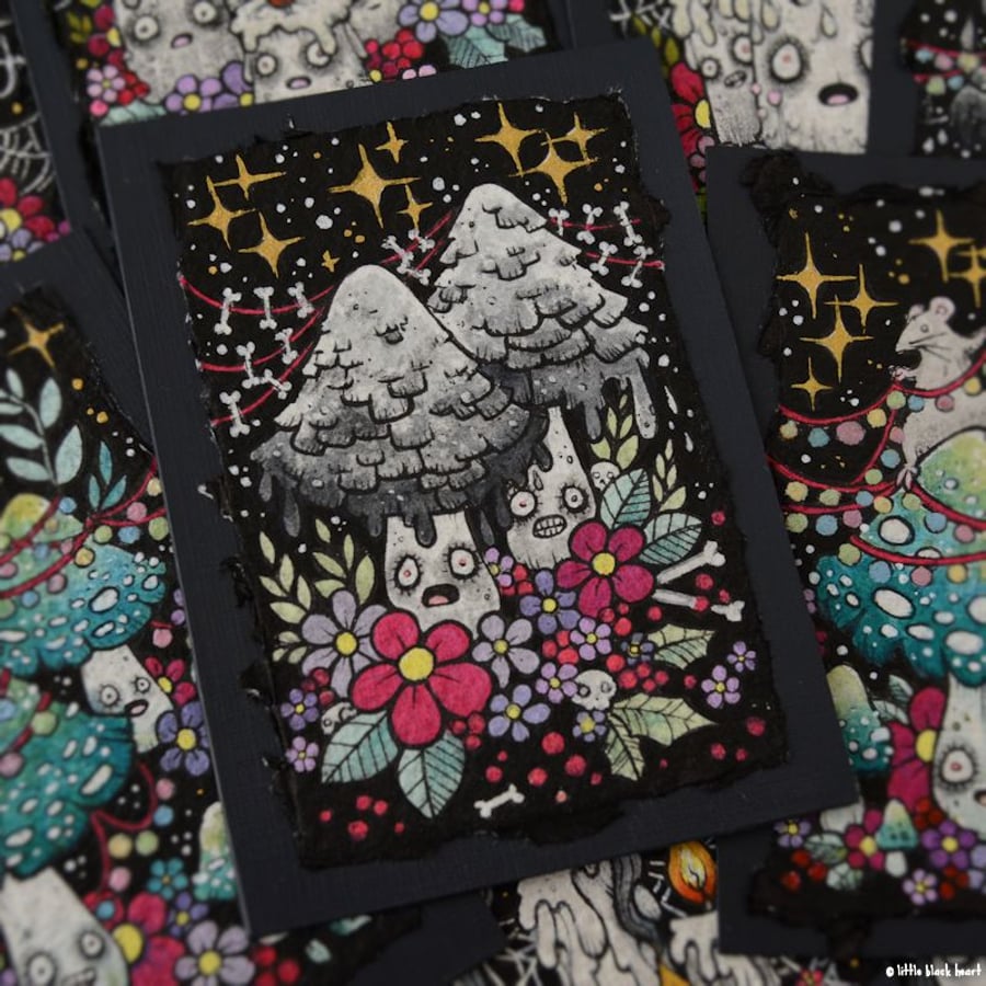 festive fungi - original aceo illustration