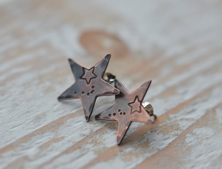 Copper Handstamped Star Stud Earrings