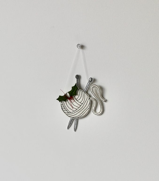 'Wool, Knitting Needles and Holly'- Hanging Decoration