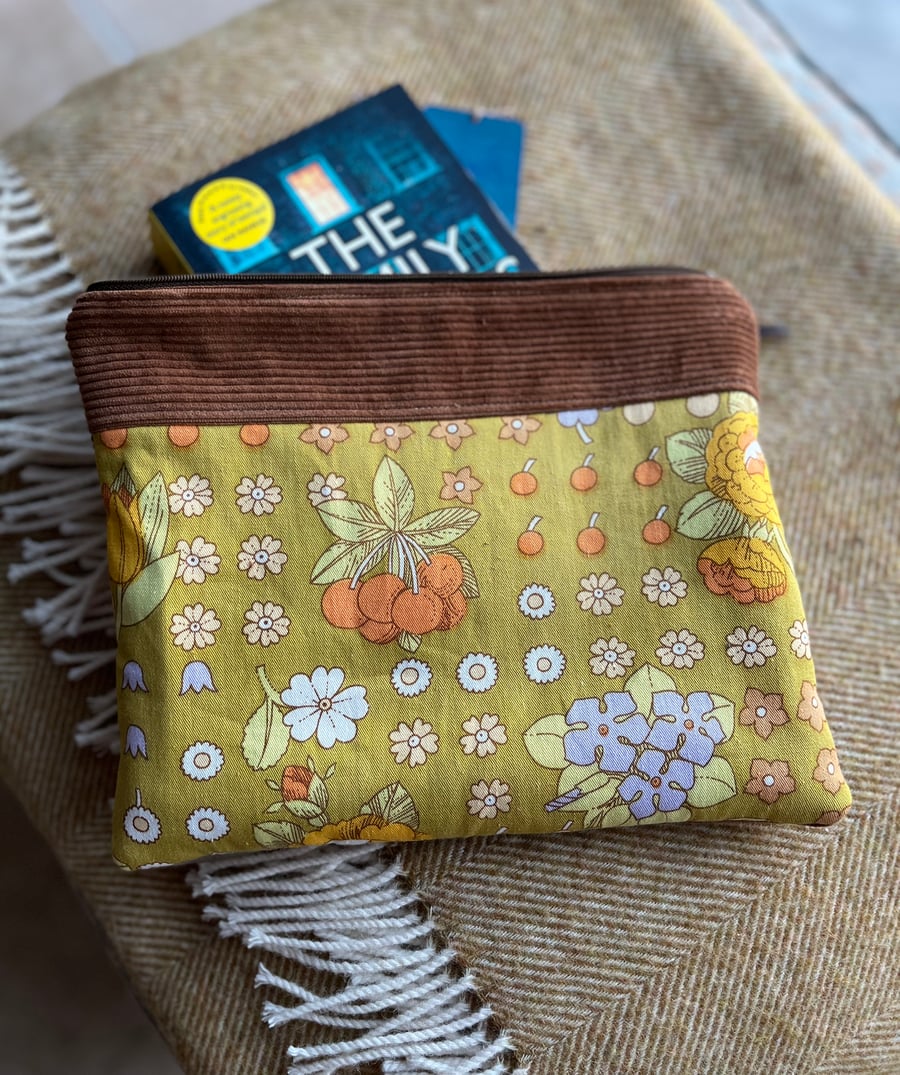 Reclaimed retro floral book pouch zip bag Pat Albeck design with corduroy