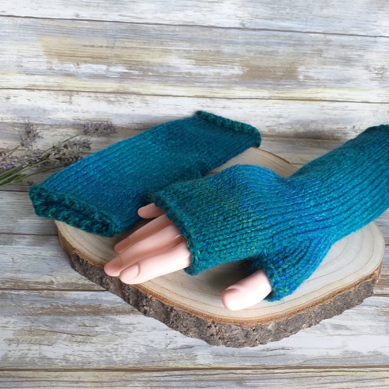 Knitted Fingerless Gloves, Marbled Green & Blue Yarn Hand Warmers