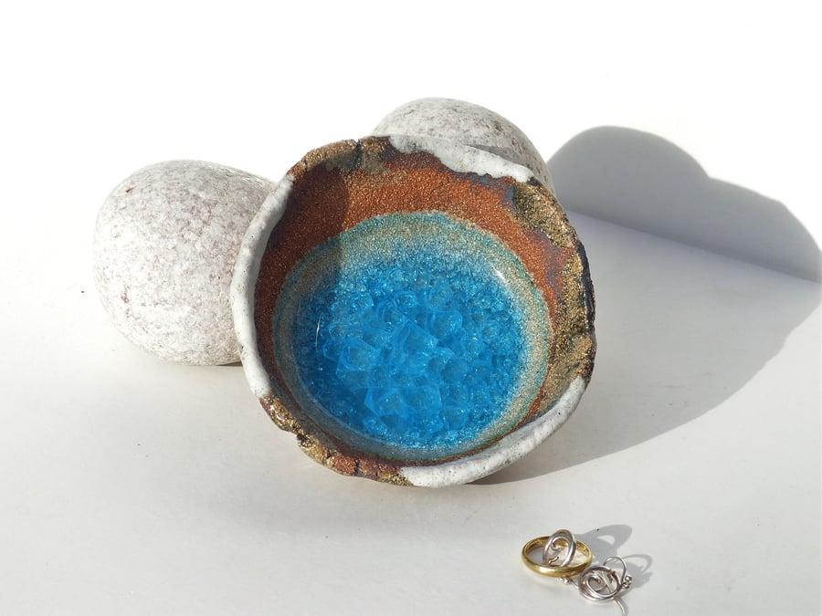  10cm AQUA BLUE Glass Pool - Ceramic pottery Ring dish. UK Wedding Jewellery