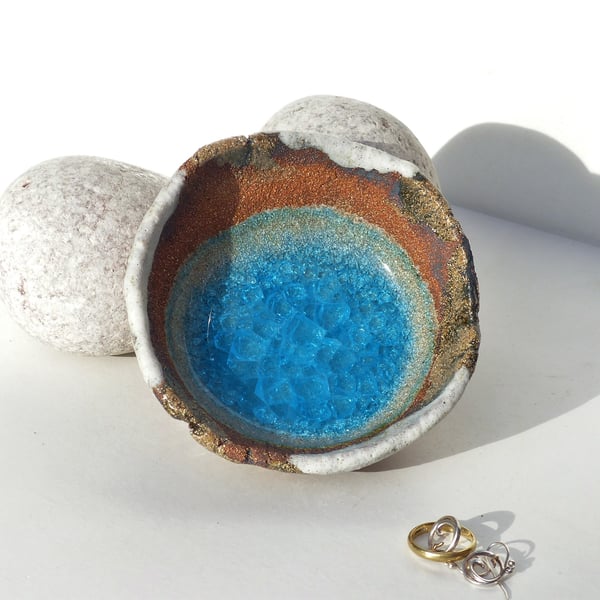  10cm AQUA BLUE Glass Pool - Ceramic pottery Ring dish. UK Wedding Jewellery
