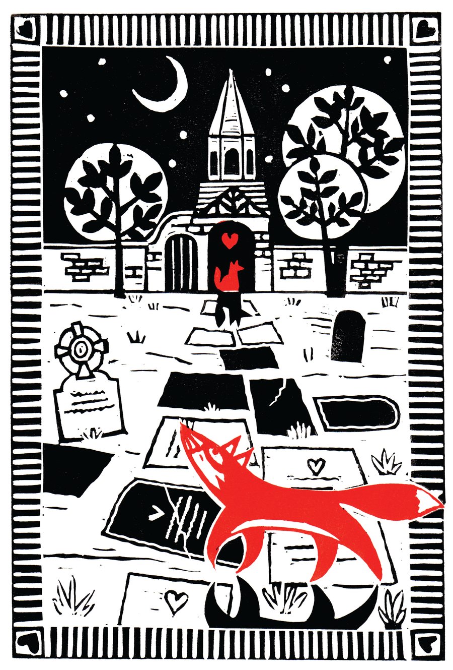 'Meet Me At The Cemetery Gates' Lino Print with Foxes